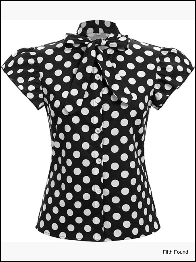 Vintage Polka Dot Peasant Blouse Bow Tie Neck Flutter Sleeve